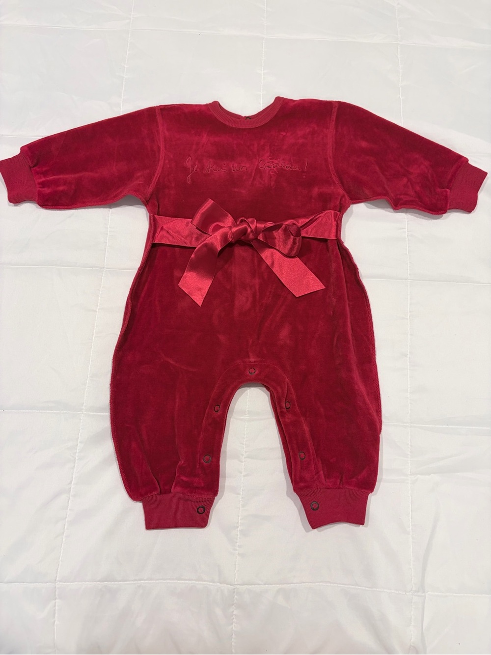 Sonia Rykiel Bébé Red Velour Romper 6 Months Ribbon Bow Long Sleeve